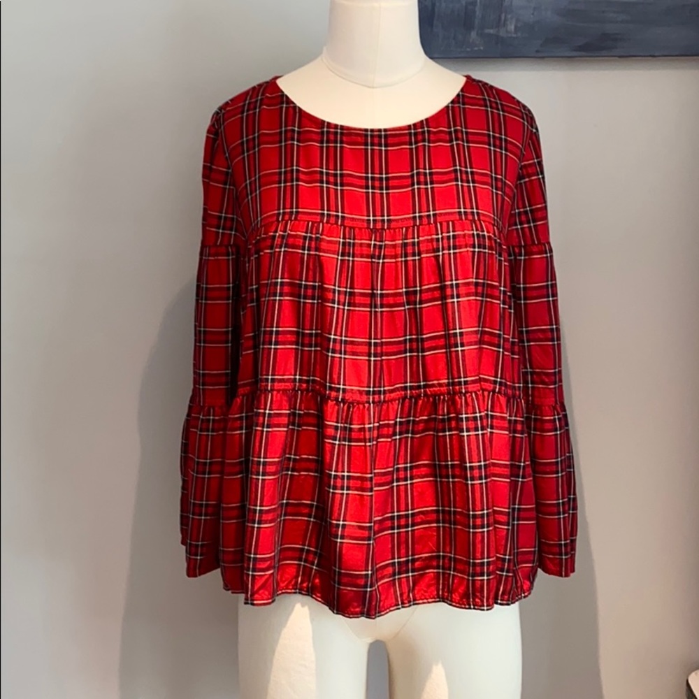 Madewell Plaid Tiered Button Back Blouse